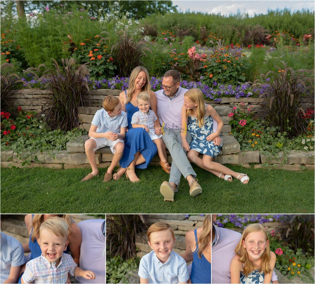 family sitting and laughing on a stone bench in the Chicago suburbs